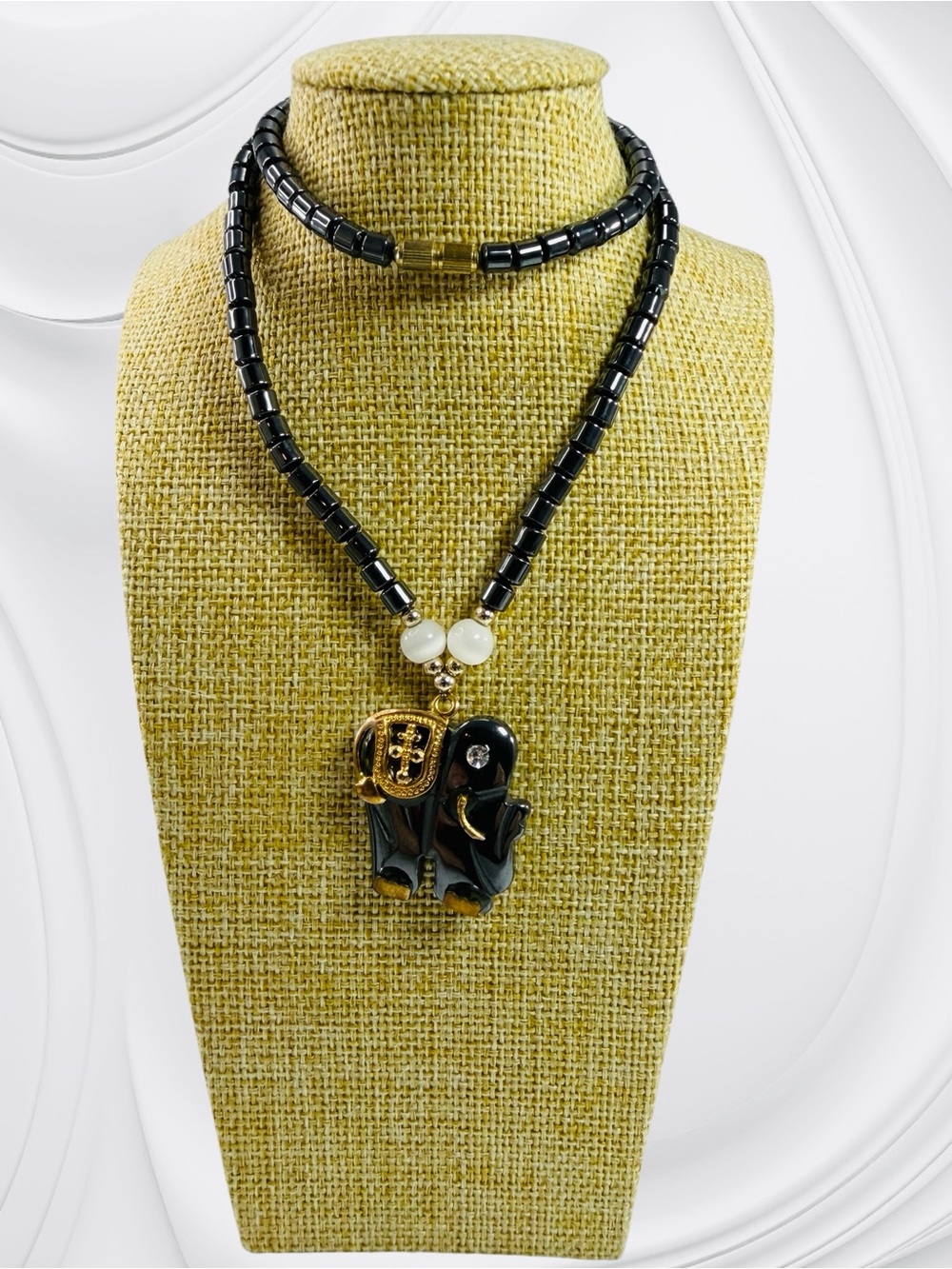 Vintage Black Hematite Beaded Elephant Pendant Necklace Gold Rhinestone Trunk Up